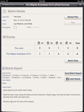 Enter the important details about the match. Once the match is played you can then review the match, scores and stats