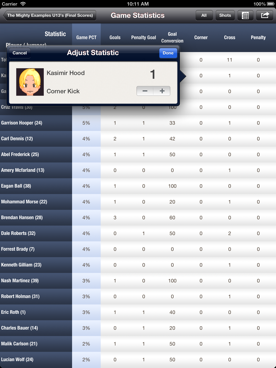 Tap on a statistic to make an adjustment. Note: Scores must be updated in the Match Sheet.